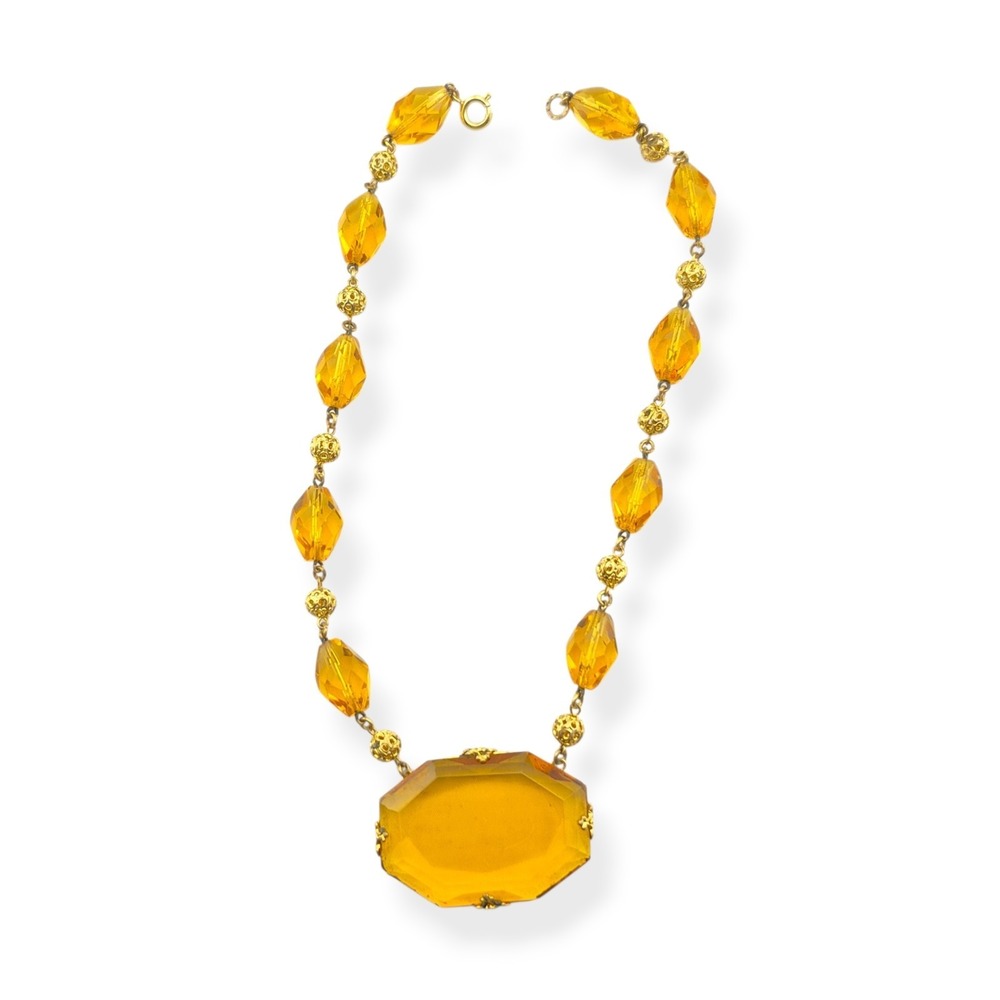 Vintage 1930s Art Deco Czech Citrine Glass Pendant Necklace Brass Filigree 15"
